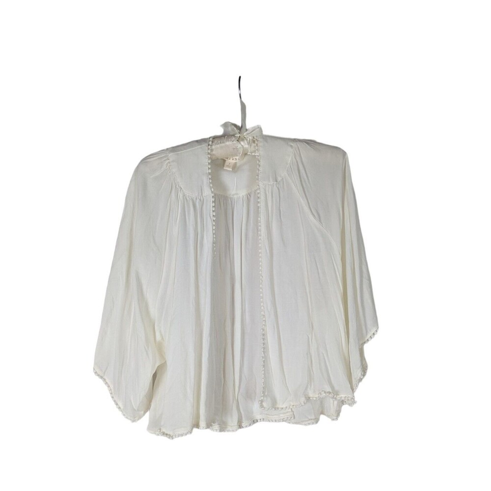 miami Cardigan S Women's White Open Front Pom Pom Trim 3/4 Sleeve Bohemian